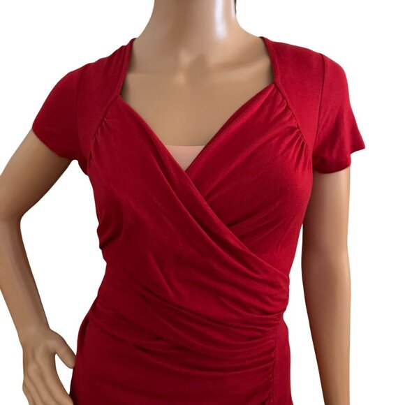 Zeagoo Womens Size Large Top Red Ruched Faux Wrap V-Neck Blouse Bodycon Stretch - Picture 2 of 7